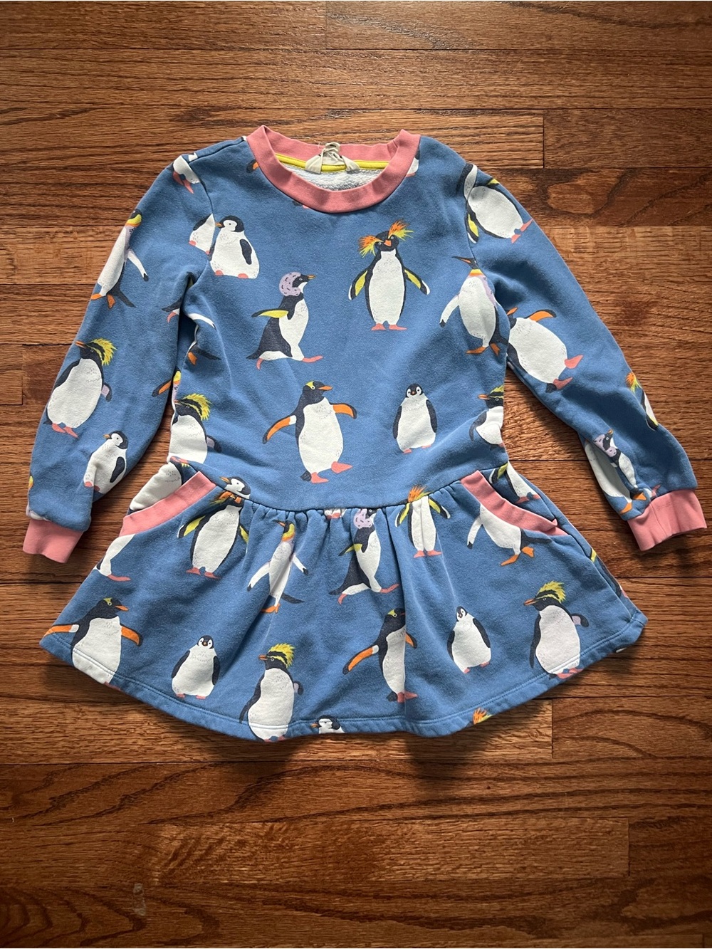 Mini Boden Blue Pocket Dress with Pink Trim and Penguin Print 6-7 years
